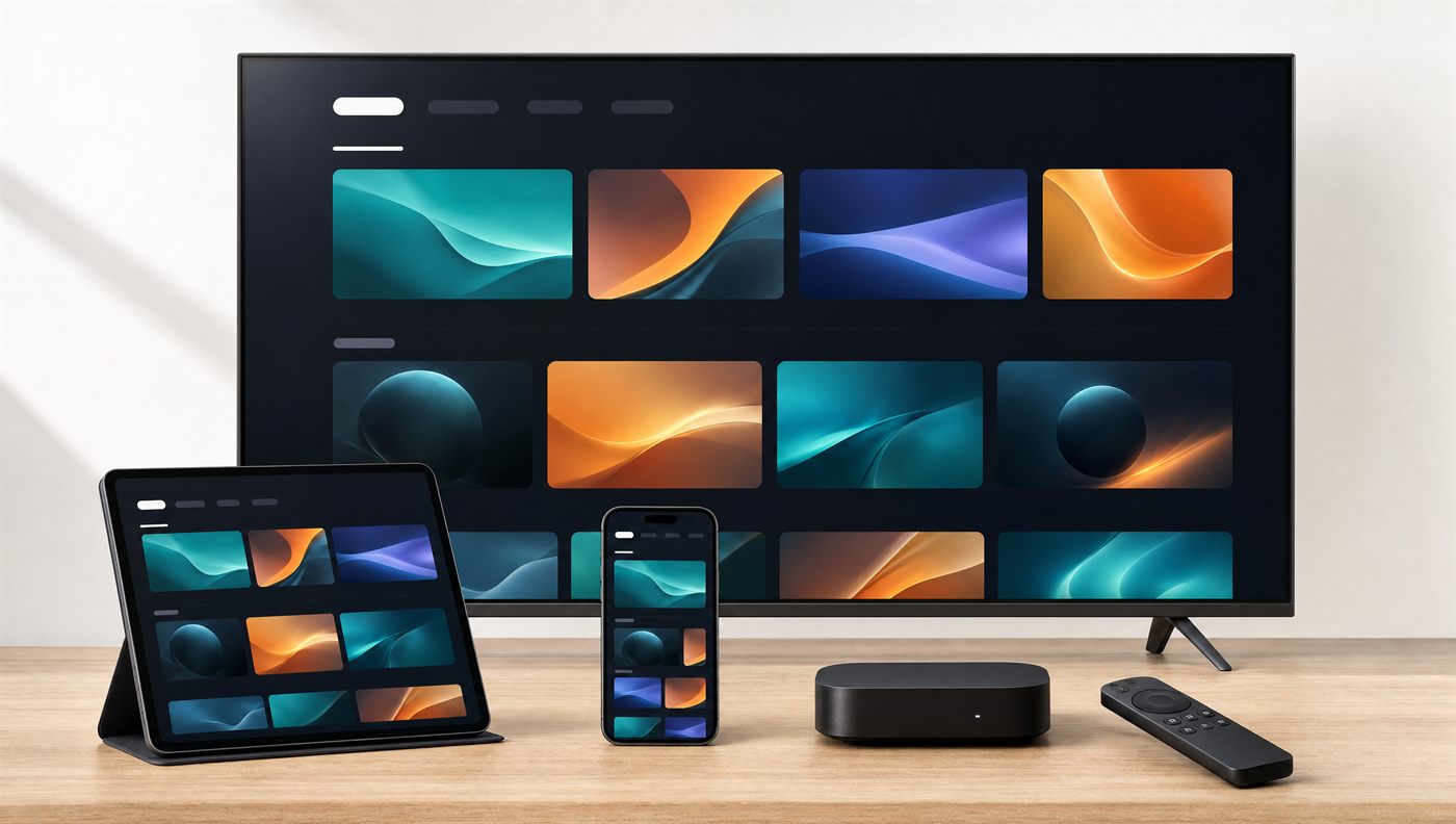 Smart TV, nettbrett, mobil og strømmeboks med strømmegrensesnitt på skjermen