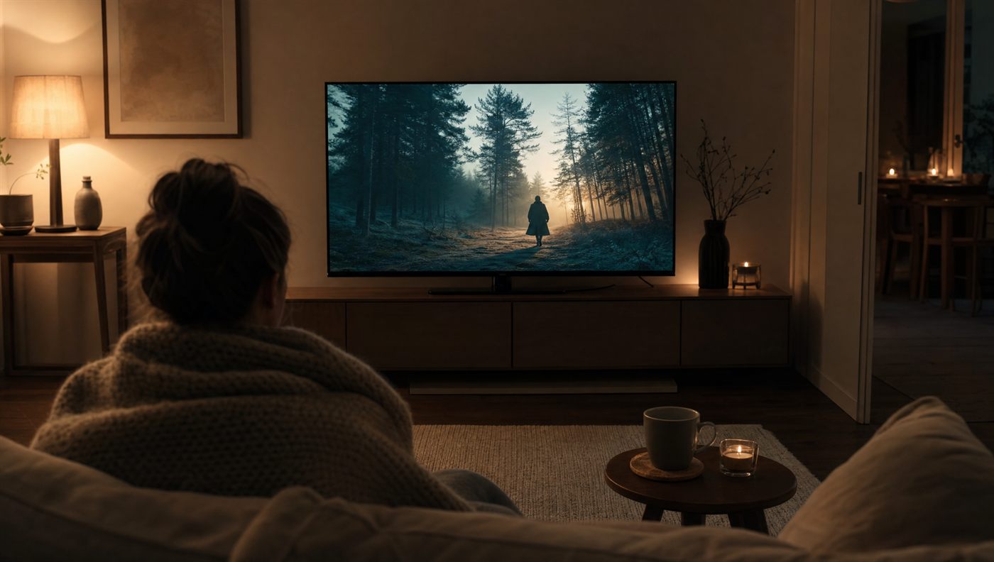 Person med ullpledd i sofaen som ser en film på TV en norsk kveld