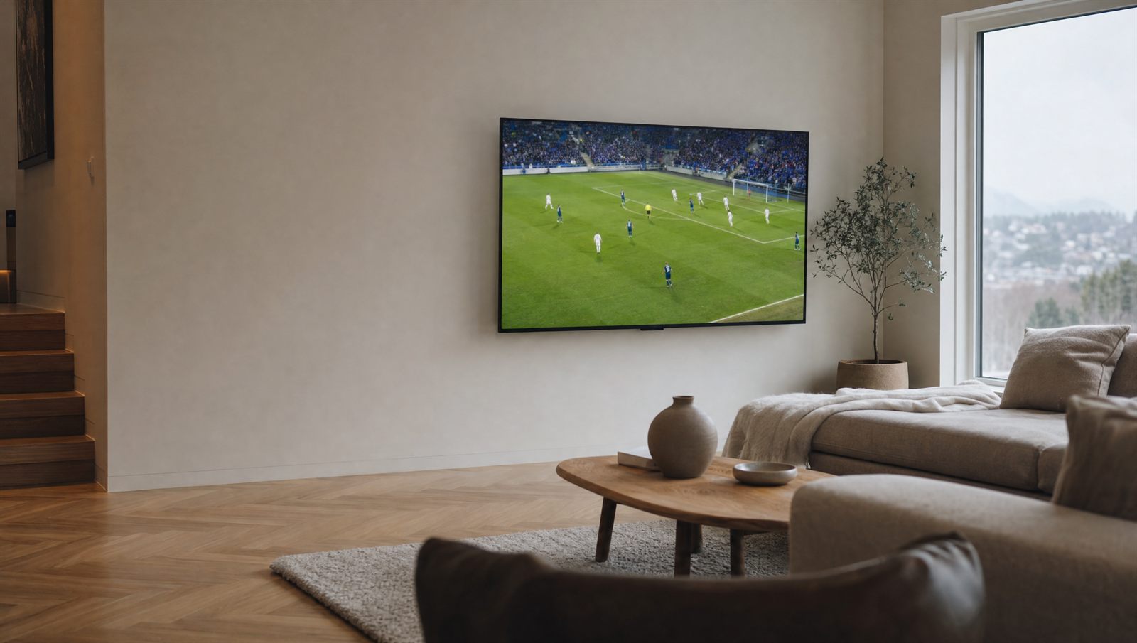 Vegghengt Smart TV i en norsk stue som viser en fotballkamp via IPTV