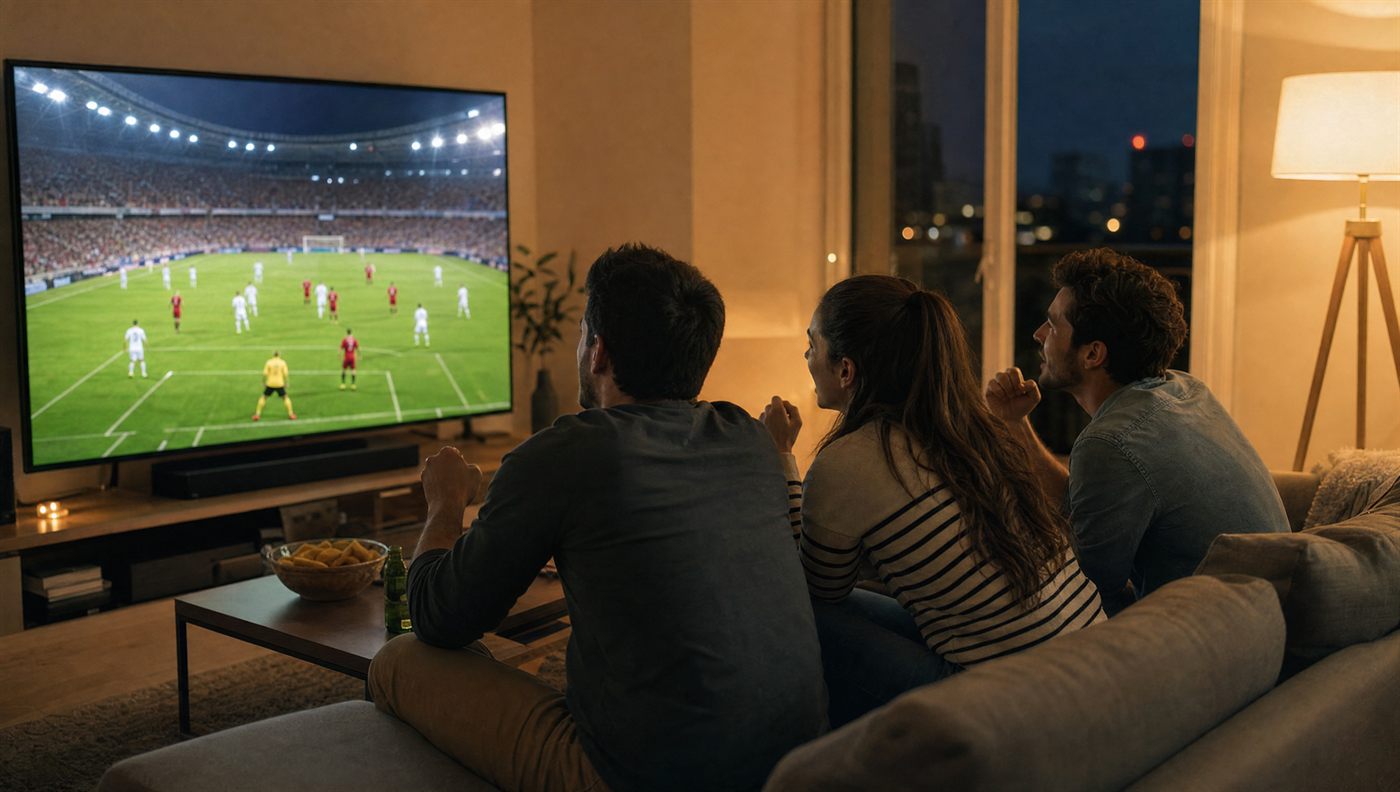 Tre venner ser en fotballkamp på TV i en norsk leilighet på kvelden